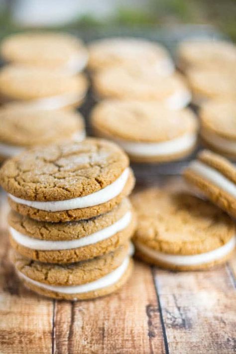 Ginger Molasses Sandwich Cookies with Eggnog Buttercream Molasses Sandwich Cookies, Eggnog Buttercream, Fruity Cookies, Spiced Eggnog, Oatmeal Creme Pie, Eggnog Cookies, Ginger Molasses, Crock Pot Recipe, Soft Foods