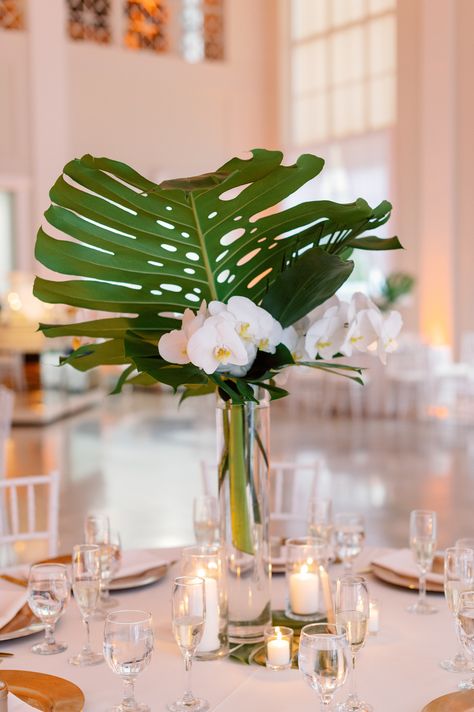 Modern Minimalist Tropical Downtown Tampa Wedding | The Vault Plant Wedding Decor, Tropical Wedding Table, Tropical Wedding Centerpieces, Tropical Wedding Reception, Tropical Centerpieces, Plant Wedding, Filipino Wedding, Tropical Wedding Theme, Palm Wedding