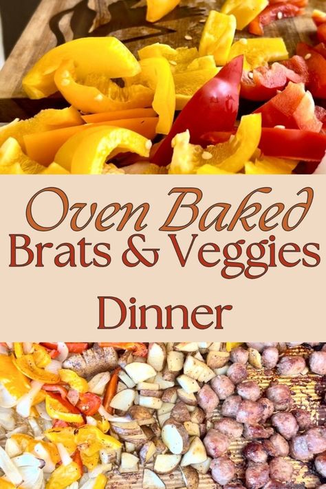 I know! That is quite the title there, but this easy oven baked one pan brats, peppers, and onion dinner recipe, oh, and also potatoes, is so easy and delicious! You will definitely be going back for seconds. 

You simply cut up the peppers, onions, potatoes, and brats. Spread them out on a large pan. Then, you drizzle olive oil over the veggies and season everything with salt and pepper and whatever else you think would taste good. Baked them in the oven that has been preheated to 375 degrees for 45-55 minutes and you are good to go! 

The brats have a flavorful inside and the outside gets a little brown and crispy, giving it a great texture. The veggies are tender and full of fresh flavor this time of year. Brats And Potatoes In Oven, Brats And Veggies, Oven Baked Brats, Baked Brats, Homemade Rice Crispy Treats, Brats Recipe, Veggies Dinner, Brats Recipes, Sausage Seasoning