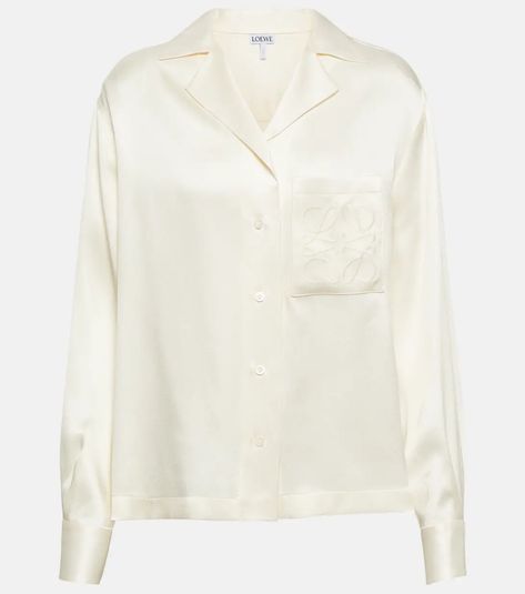 Anagram Silk Shirt in White - Loewe | Mytheresa Designer Blouses Online, Embroidered Denim Shirt, Loewe Anagram, Pleated Shirt, Satin Shirt, Hooded Shirt, Shearling Jacket, Silk Shirt, Design Inspo