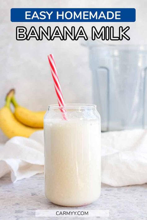 This simple homemade banana milk recipe requires less than 5 ingredients and is made in seconds! Korean banana milk at home. Banana Milk Recipe, Easy Thai Peanut Sauce, Vegan Peanut Sauce, Thai Peanut Sauce, Banana Drinks, Banana Smoothie Recipe, Buttered Noodles, Refreshing Drinks Recipes, Banana Milk