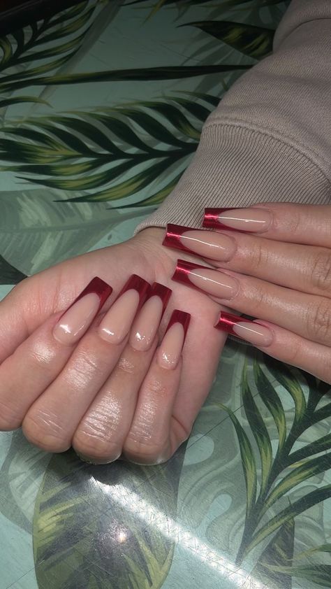 Chrome Red Nails French Tip, Red Chrome French Tip Nails Square, Red Chrome French Nails, Nails With A Red Dress, Red Chrome Nails French Tip, Taper Nails, Dark Red French Tip Nails Square, Chrome Red French Tip Nails, Winter Nails Acrylic Simple