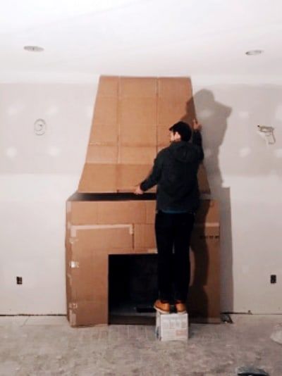 Faux Fireplace DIY//Step 2: Build Your Cardboard Mock-up Concrete Fireplace Diy, Faux Fireplace Diy Cardboard, Faux Concrete Fireplace, Cardboard Fireplace, Faux Fireplace Mantels, Fireplace Diy, Fake Fireplace, Faux Fireplace Diy, Candles In Fireplace