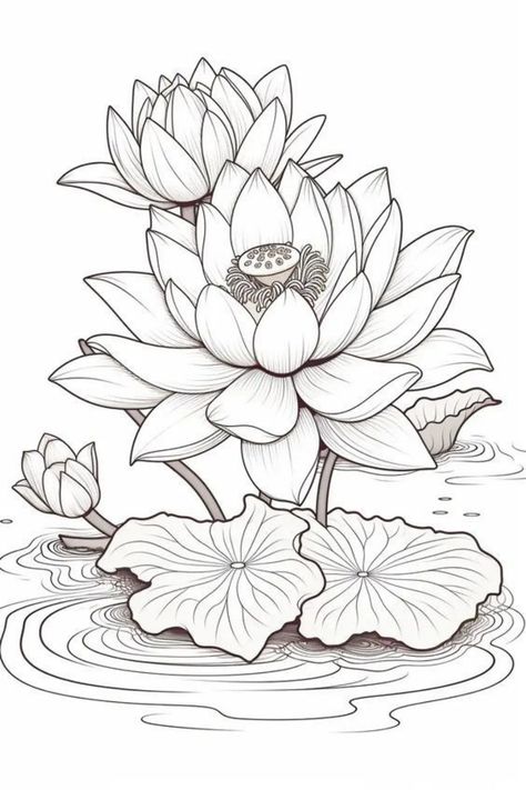 Lotus Drawing, Sunny Flowers, Coloring Worksheet, Flower Drawing Design, Flower Art Drawing, Flower Sketches, Embroidery Tutorial, Pola Sulam, Flower Coloring Pages