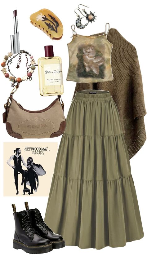 Boho earthy outfit inspo #ootd #outfit #outfitinspo #bohemian #boho #fleetwoodmac #stevienicks #green #earthy #aesthetic Boho Green Outfit, Infp Clothes Aesthetic, Botanical Aesthetic Outfit, Old Vintage Aesthetic Outfits, Earth Angel Outfits, Earthy Girl Fall Outfits, Neutral Earthy Tones Outfits, Long Skirt Outfits Earthy, Earthy Women Outfits