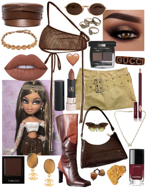 Yasmin Bratz Outfit Ideas, Yasmine Bratz Outfit, Brats Theme Outfit, Brown Bratz Outfit, Yasmin Outfits Bratz, Bratz Outfits Yasmin, Bratz Inspo Outfit Yasmine, Yazmin Outfits Bratz, Bratz Yasmin Outfit