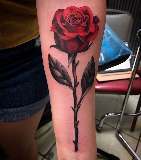 Red Rose Vine Tattoo, Rose Tattoo Color, Rose Stem Tattoo, 3d Rose Tattoo, Rose Vine Tattoos, Roses Tattoos, Dark Roses Tattoo, Rose Tattoo Forearm, Dark Roses