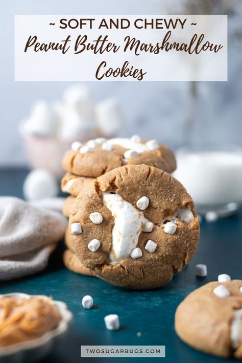 Soft and chewy peanut butter marshmallow cookies are nutty and sweet.  Easy to make with cold ingredients and they need no chill time. As the cookies bake, they break open to create crackly tops with the gooey marshmallow peaking through. Peanut Butter Marshmallow Cookies, Peppermint Hot Cocoa Cookies, Peppermint Hot Cocoa, Peanut Butter Marshmallow, Marshmallow Cookies, Chewy Peanut Butter Cookies, Peanut Butter Cookie Dough, Sweet Easy, Cocoa Cookies