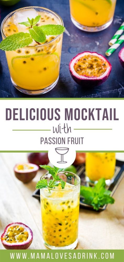 Passionfruit Cocktail Recipes, Tropical Mocktail Recipe, Passion Fruit Drinks Non Alcoholic, Fruit Mocktail Recipe, Passion Fruit Mocktails Non Alcoholic, Passion Fruit Mocktail Recipe, Passionfruit Mocktail Recipe, Cocktails With Passion Fruit, Passion Fruit Juice Cocktail