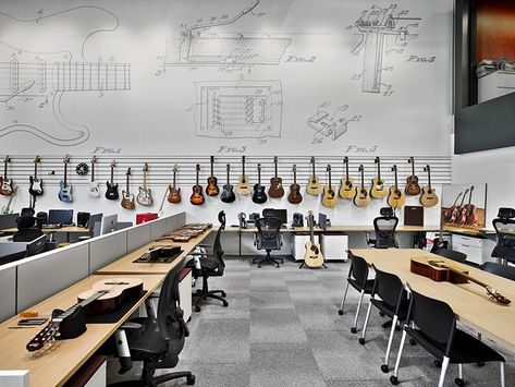 In the design studio at Fender Musical Instruments Corporation in Los Angeles, Rapt Studio. Installed pendant fixtures, made from recycled fluorescent tubes, and vinyl wall cove... Music Classroom Design, Guitar Interior, Music Store Design, Work Lounge, Music Room Design, Vinyl Wall Covering, Whiteboard Wall, School Building Design, Music Rooms