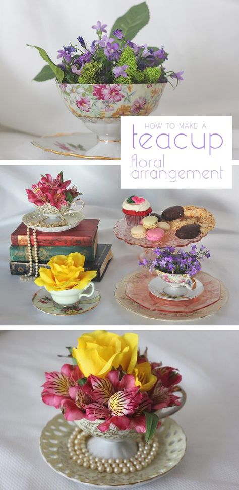 Who needs a vase when you can use tea cups to make beautiful floral arrangements. Think Mother's day and any Sunday brunch or tea party. These will be such a hit all summer long! http://www.ehow.com/how_4494520_create-teacup-floral-arrangement.html?utm_source=pinterest.com&utm_medium=referral&utm_content=inline&utm_campaign=fanpage Teacup Flower Arrangements, Brunch Decor, Teacup Crafts, Spring Tea, Tea Party Decorations, Cup Crafts, Mothers Day Brunch, Tea Party Garden, Trendy Flowers