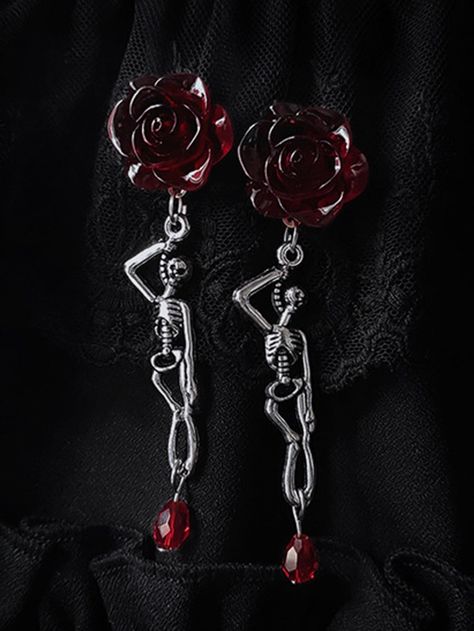 1pair Gothic Skeleton Charm Earrings For Women Fashion Witch Jewelry Accessories Red Rose Vintage Skull Pendant Ear Hook Silver Funky   Zinc Alloy     Women Fashion Jewelry, size features are:Bust: ,Length: ,Sleeve Length: Dark Red Earrings, Witch Accessories, Gothic Skeleton, Red Gothic, Rose Skull, Gothic Rose, Witch Earrings, Cameo Earrings, Witch Jewelry