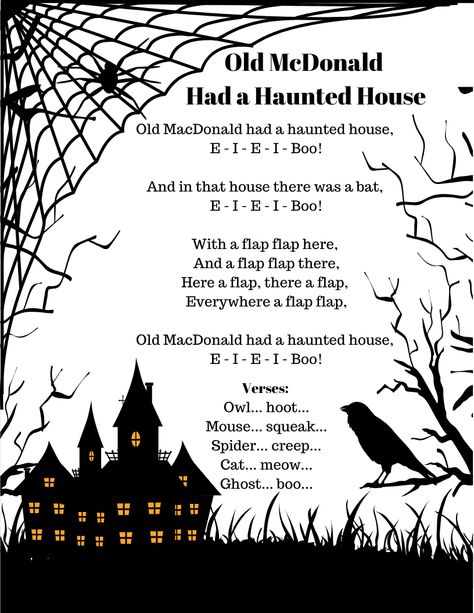 Old Mcdonald Had A Haunted House Song, Haunted House Preschool Activities, Easy Halloween Songs For Kids, Halloween Theme Preschool Lesson Plans, Halloween Songs Preschool, Haunted House Preschool, Halloween Circle Time Activities, Halloween Songs For Kids, Halloween Storytime