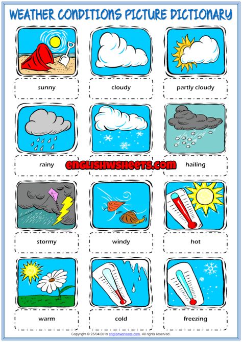 Weather Conditions ESL Picture Dictionary Worksheet For Kids Learning Weather, Test For Kids, Weather Unit, Esl Vocabulary, Work Sheet, Esl Activities, Worksheet For Kids, Learning English For Kids, Kids Worksheets Printables