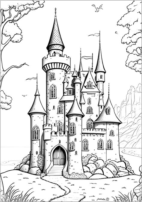 Majestic castle that rises to the sky, made of stone walls and pointed towers. The main door is large and imposing and each turret is topped by a flag that flies in the wind. Immerse yourself in the world of Disney's fairy tales with this beautiful and 100% original castle... Fairy Tale Coloring Pages, Disney Castle Drawing, Fairytale Drawings, Village Drawing, Castle Coloring Page, Castle Illustration, Self Portrait Art, Castle Drawing, Fairy Castle