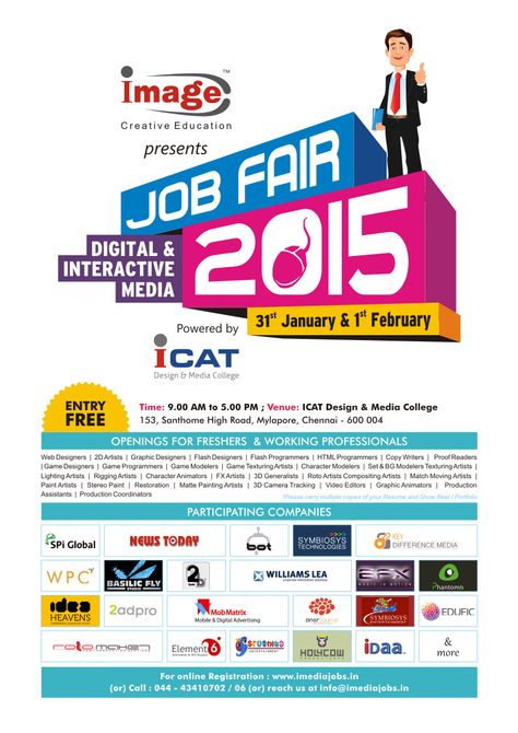 IMAGE-Creative Education Presents Digital & Interactive Media Job Fair 2015 on 31st Jan 2015 & Feb 01st 2015 at ICAT Chennai Campus. For more details & Free registration http://imediajobs.in/job-fair-2015/registration.php Job Fair Poster, Fair Poster, Interactive Media, Job Fair, Under One Roof, Media Company, Digital Media, Chennai, Cover Design