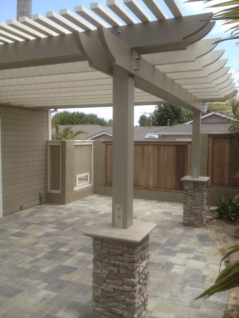 New patio with pergola, we used angelus pavers in this design Patio Garden Ideas On A Budget, Shed Inspiration, Taman Air, Patio Pergola, Patio Deck Designs, Pergola Ideas, Building A Pergola, Pergola Design, Wooden Pergola