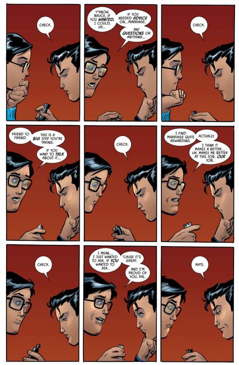 Batman Comics Panels, Bruce And Clark, Batfamily Comics, Dc Ships, Superhero Texts, Super Sons, Drawing Superheroes, Superhero Memes, Dc Comics Heroes