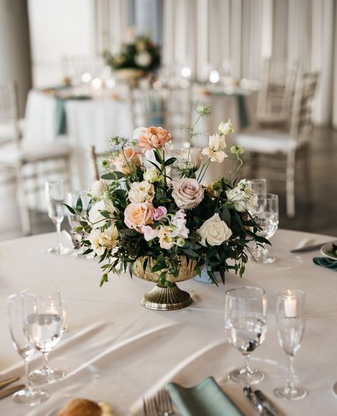 Gold compote centerpieces with pastel blooms and greenery. ⁠ Photography: @peachplumpearphoto⁠ ⁠ Greenery Photography, Compote Centerpiece, Event Layout, Magnolia Wedding, Flowers And Greenery, Plant Shop, Floral Studio, Philadelphia Wedding, Pastel Flowers