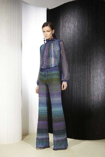 Autumn 2015 | Missoni Fall 2015 Style, Crochet Pants, Crochet Skirts, Jumpsuit Pattern, Purple And Green, 2015 Fashion, Knit Fashion, Fall 2015, Crochet Fashion