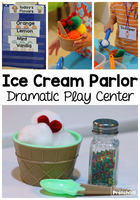 Set up an ice cream parlor in the dramatic play center and provide your preschoolers with hours of sweet, cool fun (and learning too!). Play To Learn Preschool, Play Ice Cream, Dramatic Play Themes, Dramatic Play Center, Prop Box, Dramatic Play Preschool, Dramatic Play Area, Preschool Centers, Ice Cream Theme