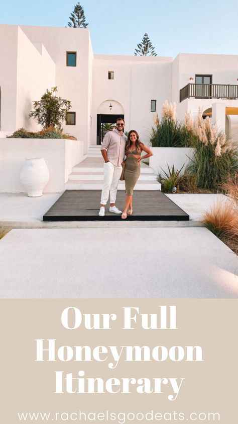 Our Full Honeymoon Itinerary - Rachael's Good Eats | #honeymoonitinerary #greecehoneymoon Italy And Greece Honeymoon, Europe Honeymoon Itinerary, Greece Honeymoon Itinerary, Greece Honeymoon Outfits, Greek Honeymoon, Italy Honeymoon Itinerary, Santorini Greece Honeymoon, Honeymoon In Greece, Luxury Honeymoon Destinations