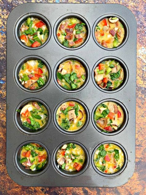 Keto Low-Carb Breakfast Bacon and Cheese Egg Muffins (Bites) are quick and easy cups loaded with your favorite meat and veggies. If you are looking for a carb-free, no-carb breakfast, you can use ham, spinach, or whatever works best. Hold the meat if you prefer vegetarian. These muffins are freezer-friendly, great for meal prep, or keto snacks on-the-go. This post includes the best low carb breakfast ideas. #KetoRecipes #KetoBreakfast #KetoEggMuffins Low Carb Egg Muffins, No Carb Breakfast, Keto Egg Muffins, Vegetarian Bacon, Egg Bakes, Keto Breakfast Muffins, Bacon Snacks, Quick Keto Breakfast, Breakfast Bacon