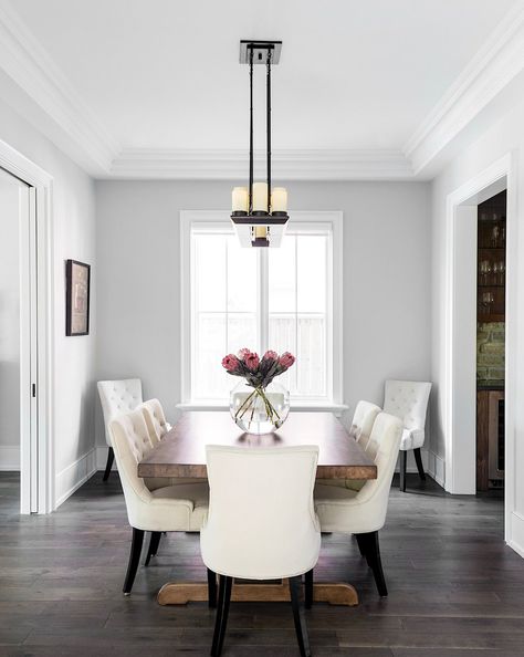 Gray Walls With White Trim, Modern Dining Room Light, Grey Walls White Trim, Dark Wood Floors Living Room, Light Gray Walls, Dining Room Layout, Modern Dining Room Lighting, Window Seat Kitchen, Grey Walls Living Room