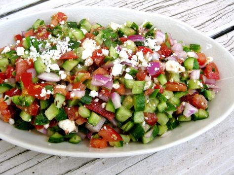 Shepherd's Salad with Cucumber, Tomato, Red Onion, and Feta Cucumber Red Onion Salad, Red Onion Salad, Egyptian Food, Side Dishes Recipes, Eat Salad, Yummy Salad Recipes, Cucumber Tomato, Kinds Of Salad, Summer Vegetable