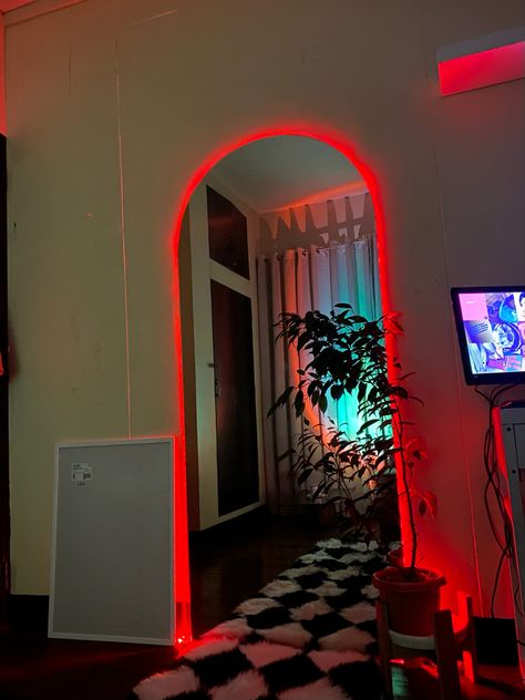 Full Body Mirror Bedroom, Espejos Aesthetic, Sneaker Shelf, Dark House Aesthetic, Neon Strip Lights, Arc Mirror, Japanese Inspired Bedroom, Mirror Aesthetic, Neon Bedroom