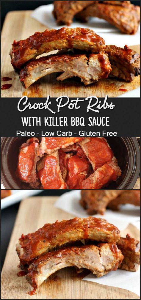 Crock Pot Pork Ribs With Killer Barbecue Sauce Crock Pot Pork Ribs, Crockpot Pork Ribs, Crock Pot Ribs, Fall Off The Bone Ribs, Paleo Crockpot Recipes, Crockpot Ribs, Low Carb Crock Pot Recipes, Paleo Pork, Paleo Slow Cooker