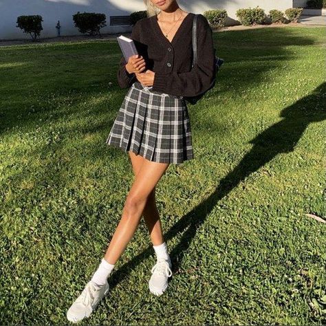 Plaid Skirt Sneakers Outfit, Mini Skirt And Shoes Outfit, Mini Skirts And Sneakers Outfit, Tennis Skirt Cardigan Outfit, Black And White Checks Skirt Outfit, Plaid Skirt School Outfit, Black And White Checked Skirt Outfit, Plaid Skirt Cardigan Outfit, Black Plaid Pleated Skirt Outfit