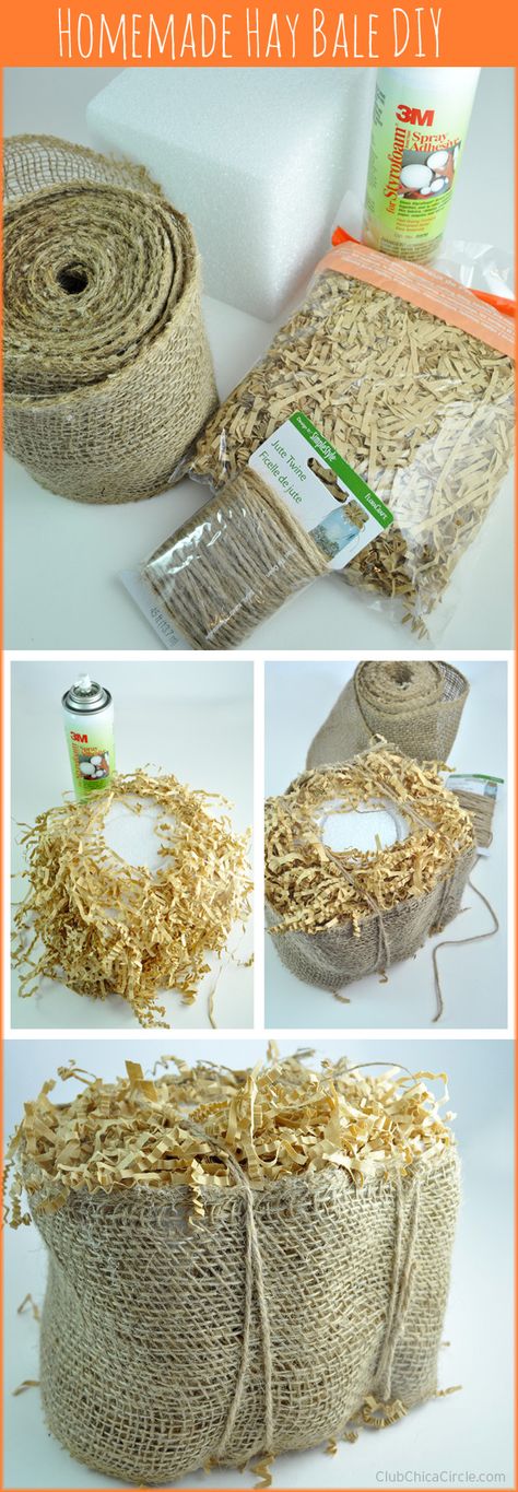 Homemade Hay Bale Craft Tutorial Diy Faux Hay Bale, Diy Fake Hay Bales, How To Make Fake Hay Bales, Hay Centerpieces, Diy Hay Bales Prop, Faux Hay Bales Diy, Bush Dance, Halloween Farm, Tinted Mason Jars