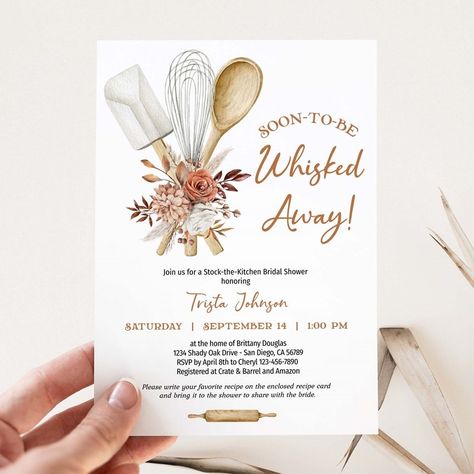 "TERRACOTTA Whisked Away Bridal Shower Invitation with recipe card, Stock the Kitchen Invite, baking kichen bridal shower theme PRINTABLE EDITABLE DIGITAL TEMPLATE 305 💥 DEMO LINK - TRY BEFORE YOU BUY! 💥 Copy and paste this link into your web browser: https://www.corjl.com/d/3OBLA3 This is an editable invitation that YOU personalize and edit through Corjl.com What is CORJL?  Our fully customizable template editor that allows you to personalize your invitation directly in your web browser or mobile device (text only). No software to install or fonts to download. 🚫Do not log in with Apple ID, as this will cause problems receiving the files.  Use current email address.  Apple Pay is fine. _ _ _ _ _ _ _ _ _ _ _ _  WHAT YOU GET ✔ 5x7\" Invitation Digital template ✔ 4x6\" Recipe Card template Recipe Bridal Shower Invitations, Baking Bridal Shower Theme, August Bridal Shower Themes, November Bridal Shower Ideas, Bridal Shower Themes 2024, Bridal Shower Kitchen Theme, Kitchen Wedding Shower, Bridal Shower Recipe Cards, Kitchen Bridal Shower