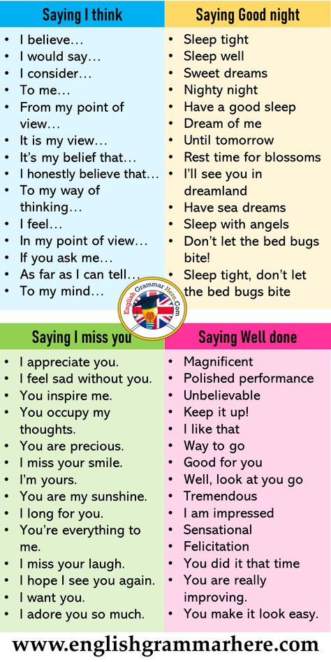 English Speaking Tips, Sayiin Well Done, I Think, Good night, I Miss You Saying I think I believe… I would say… I consider… To me… From my point of view… It is my view… It’s my belief that… I honestly believe that… To my way of thinking… I feel… In my point of view… If you ask me… As far as I can tell… To my mind… Saying Good night Sleep tight Sleep well Sweet dreams Nighty night Have a good sleep Dream of me Until tomorrow Rest time for blossoms I’ll see you in dreamland Have sea dreams Sleep Did You Sleep Well, Good Night Synonym, Tatabahasa Inggeris, Have A Sweet Dream, Speaking Tips, Rest Time, Have A Good Sleep, Teaching English Grammar, Sleep Dream