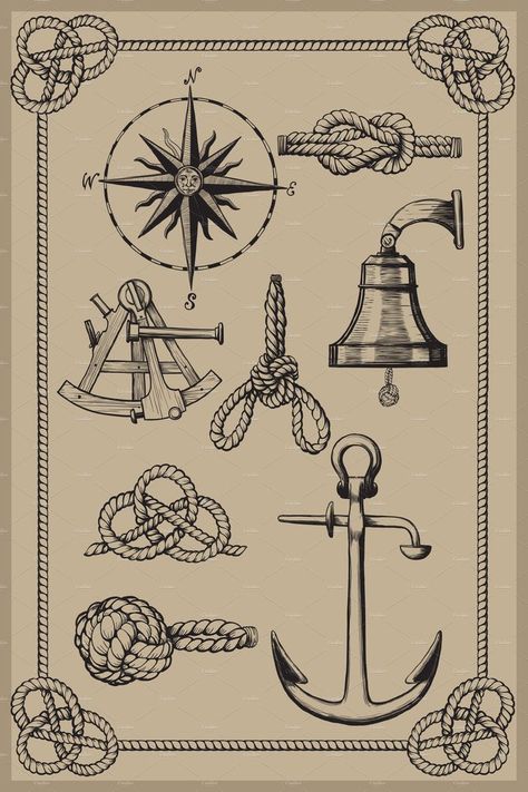 Nautical, Rope, Knot, Compass, Anchor, Woodcut, Rose, Ship, Design, Bell, Sea, Sextant, Background, Style, Elements, Equipment, Maritime, Buoy, Navigation Nautical Graphic Design, Sextant Tattoo, Compass Drawing, Nautical Pictures, Nautical Elements, Nautical Aesthetic, Navigation Design, Vintage Logos, Maritime Art