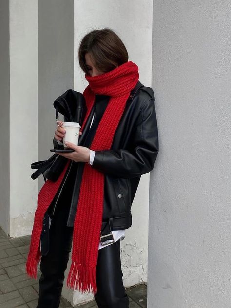 Red Knit Scarf Outfit, Red Knitted Scarf, Red Muffler Outfit, Red Scarf Aesthetic, Muffler Outfit, Chunky Scarf Outfit, Knitted Muffler, Knit Scarf Outfit, Red Scarf Outfit