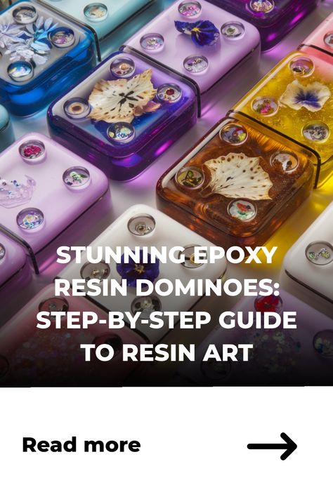 Colorful epoxy resin dominoes with embedded flowers and objects, promoting a guide to resin art. Diy Dominoes With Resin, Diy Resin Dominoes Ideas, Resin Dominos, Resin Dominoes, Clear Epoxy Resin, Resin Pour, Epoxy Resin Art, Clear Epoxy, Art Business