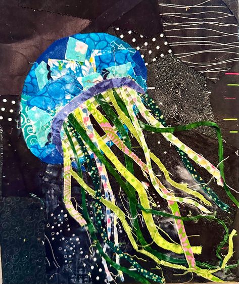 Layered Artwork, Jellyfish Gcse Art, Tissue Paper Collage, Jellyfish Collage, Jellyfish Collage Art, Octopus Collage Art, Underwater Collage Art, Jellyfish Collage Wallpaper, 3d Collage