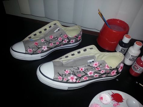 Ann Quimby: Cherry Blossom Chucks hand-painted with the Jacquard Airbrush Paint free samples. So easy to work with, especially considering I was using them in a nontraditional manner. Mixed nicely and consistency worked well with a brush for hand painting. Definitely would use again. Thanks! Cherry Blossom Shoe Painting, White Hand Painted Low-top Canvas Shoes, Hand Painted Slip-on Casual Sneakers, Casual Hand Painted Slip-on Custom Sneakers, Artistic Hand Painted Slip-on Sneakers, Painted Converse, Painted Canvas Shoes, Personalized Shoes, Sneaker Art