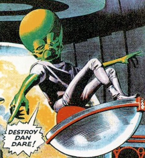 Comic book hero Dan Dare battled against the Mekon, ruler of Venus in British comic The Eagle In The Year 2525, Italian Photography, Space Probe, Sf Art, Science Fiction Illustration, Arch Enemy, Horror Posters, Lens Cap, Science Fiction Art