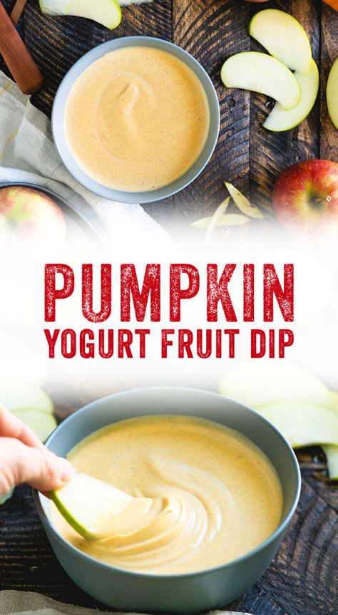 This pumpkin yogurt fruit dip takes 5 minutes to make and tastes like fall. It's an easy fruit dip recipe that everyone will love—and it's kid friendly too! #pumpkin #yogurt #healthy #snack #healthsnack #fruitdip #fall #fallrecipe Healthy Yogurt Snacks, Healthy Fruit Dip, Yogurt Fruit Dip, Easy Fruit Dip, Fruit Dip Recipe, Pumpkin Yogurt, Fruit Dips, Pumpkin Syrup, Fruit Dips Recipes