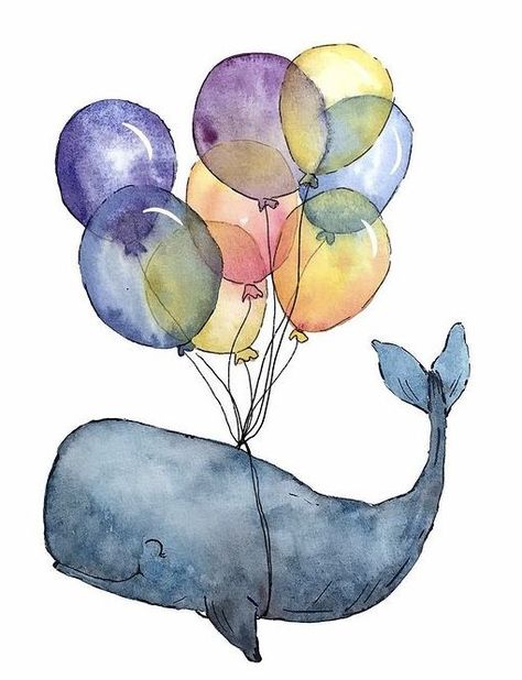 Cute Whale Art, Whale Illustration Cute, Cute Whale Drawing, Whale Balloon, Drawing Whale, Whale Watercolour, Whale Cute, Whale Watercolor, Whale Drawing