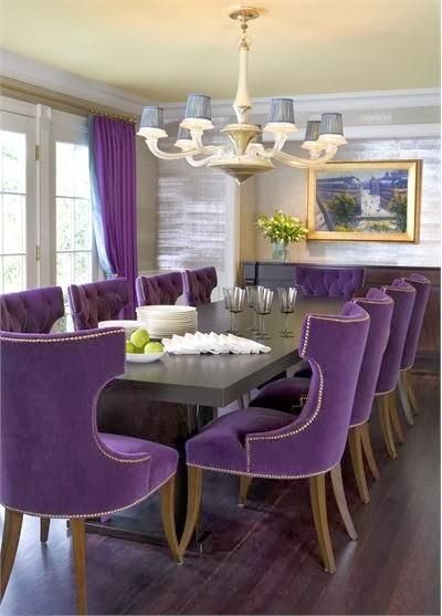 Purple Dining, Purple Chairs, Purple Dining Room, Purple Dining Chairs, Velvet Dining Room Chairs, Purple Chair, Transitional Dining Room, Dining Design, Purple Rooms