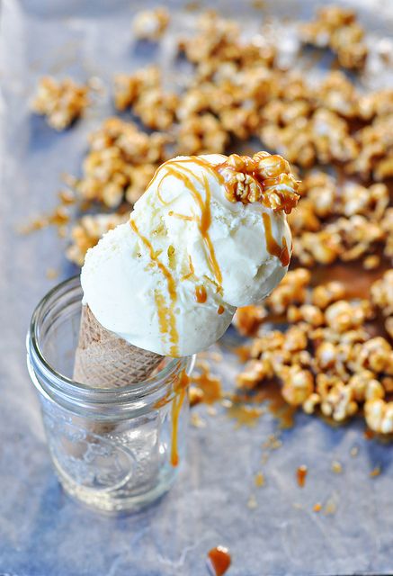 Popcorn Ice Cream. The salted butter caramel sauce is the all-star of this dessert! Weird Ice Cream Flavors, Butter Caramel Sauce, Popcorn Ice Cream, Homemade Caramel Corn, Butter Caramel, Kettle Corn, Caramel Topping, Caramel Corn, Nigella Lawson