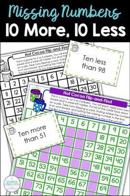 One more, one less, ten more, ten less! Solve the clues to find the missing number. Then find where that number belongs on the 120 chart and write it in the space. Lots of practice that will build your first grade students' confidence and ability in using the 120 chart as a tool for addition and subtraction. A great addition to your winter math centers, math tubs,  RtI,  math tutors, classroom volunteers, Family Math Night, and Fun Friday! Ten More Ten Less, First Grade Games, Winter Math Games, One More One Less, Family Math Night, Classroom Volunteer, Winter Math Centers, Place Value Games, Winter Math Activities