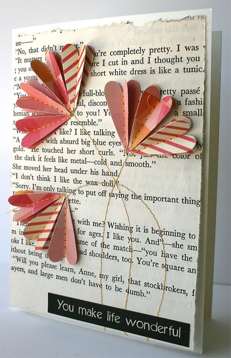 Paper heart flowers card tutorial Diy Valentines Card, Book Page Heart, Sewing Paper, Heart Tutorial, Making Flowers, Heart Flowers, Valentines Card, Scrapbooking Photo, Paper Heart