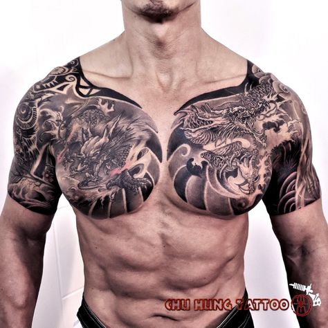 Yakuza Chest Tattoo, Japanese Chest Tattoo, Chest Tattoo Japanese, Manu Tattoo, Dragon Tattoo Chest, Full Chest Tattoos, Shoulder Sleeve Tattoos, Left Arm Tattoos, Koi Tattoo Design