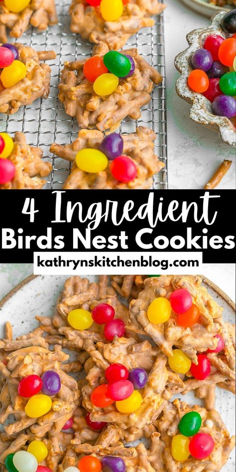 Birds Nest Cookie Recipe (Easy & No-Bake)- Kathryn's Kitchen Fun Rice Krispie Treats, Birds Nest Cookies, Easter Platter, Yummy Easter Desserts, Easter Rice Krispie Treats, Homemade Toffee, Carrot Cake Cookies, Candy Egg, Lunchbox Treats