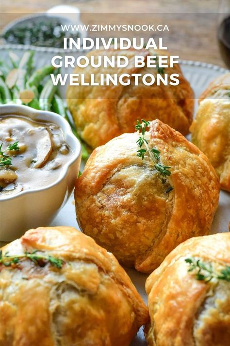 A close up of individual ground beef wellingtons and a bowl of marsala mushroom sauce. Beef Wellington Sauce, Beef Wellington Bites, Ground Beef Wellington, Individual Beef Wellington, Mini Beef Wellington, Minced Beef Recipes, Beef Wellington Recipe, Veal Recipes, Eat Beef